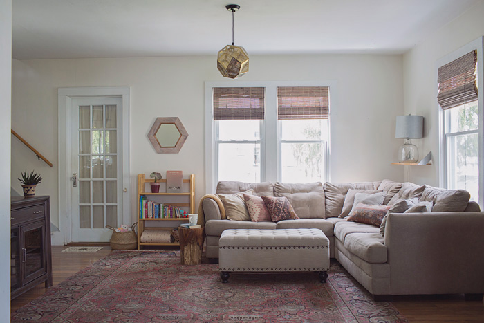 Spring 2017 Living Room Reveal with Gray Sectional living room reveal with gray sofa and pink kilim rug