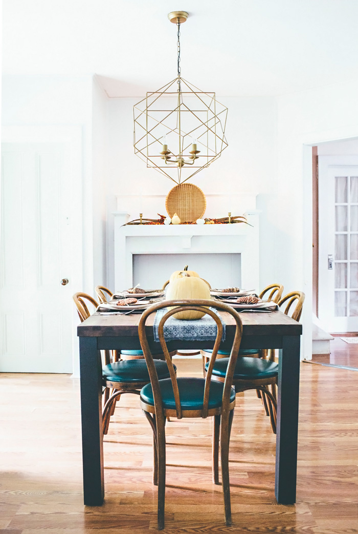 Eclectic Dining Room Decorated for Fall eclectic farmhouse dining room with modern geometric light fixture