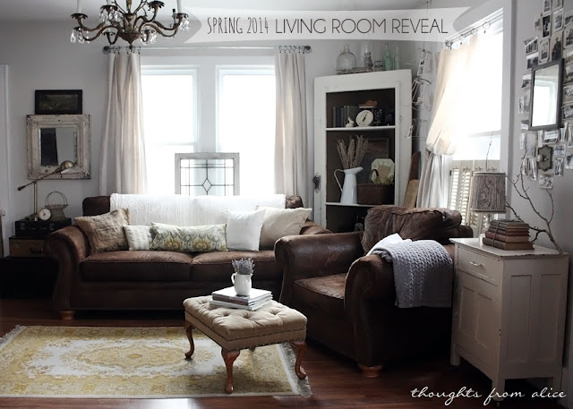 Spring 2014 Living Room Reveal rustic vintage farmhouse living room with brown sofa